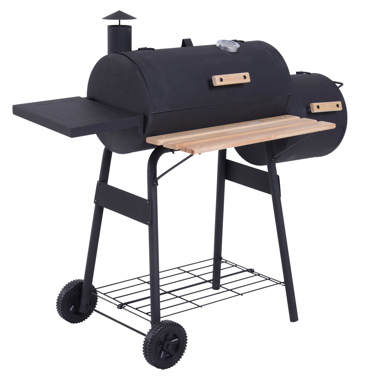 Barbecue à Charbon fumoir BBQ Grill Smoker sur Pied avec Couvercle, roulettes, thermomètre, étagères Noir