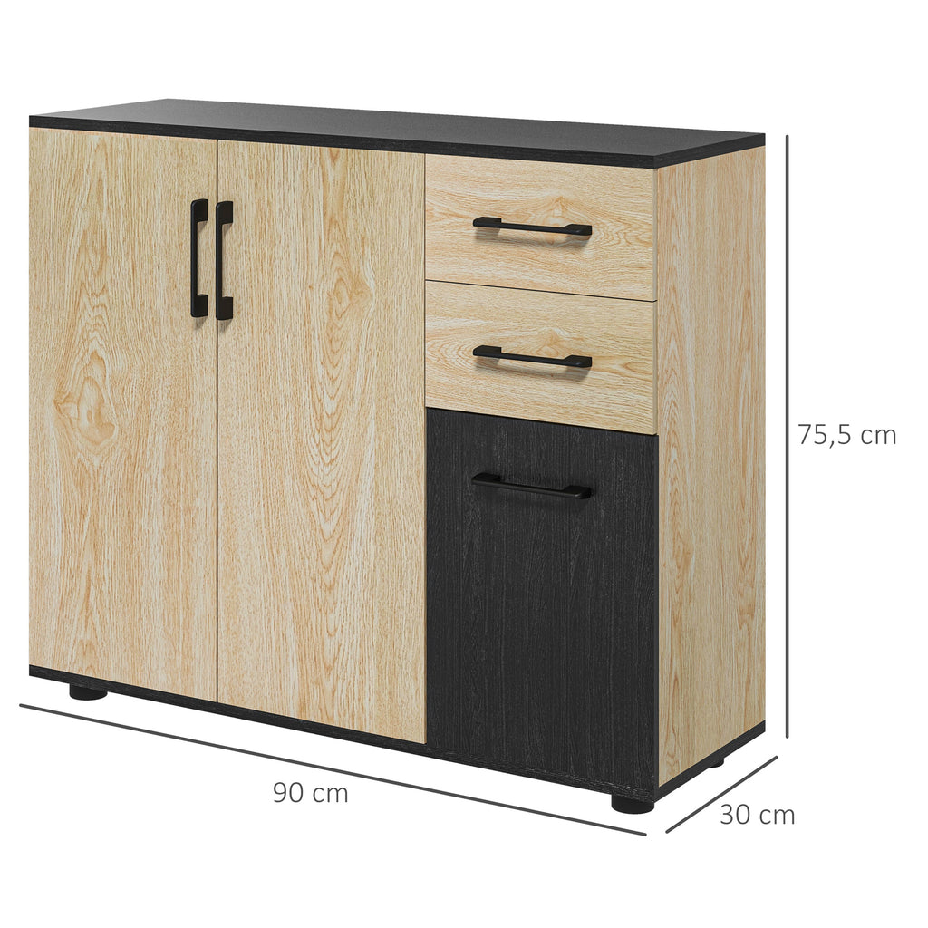 Meuble buffet de rangement cuisine 2 placards étagère réglable 2 tiroirs 90 x 30 x 75,5 cm naturel noir