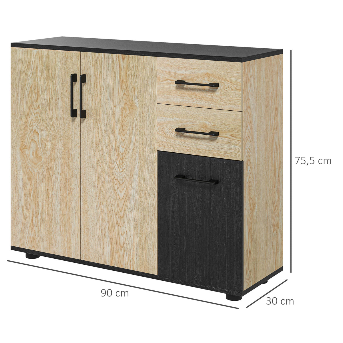 Meuble buffet de rangement cuisine 2 placards étagère réglable 2 tiroirs 90 x 30 x 75,5 cm naturel noir