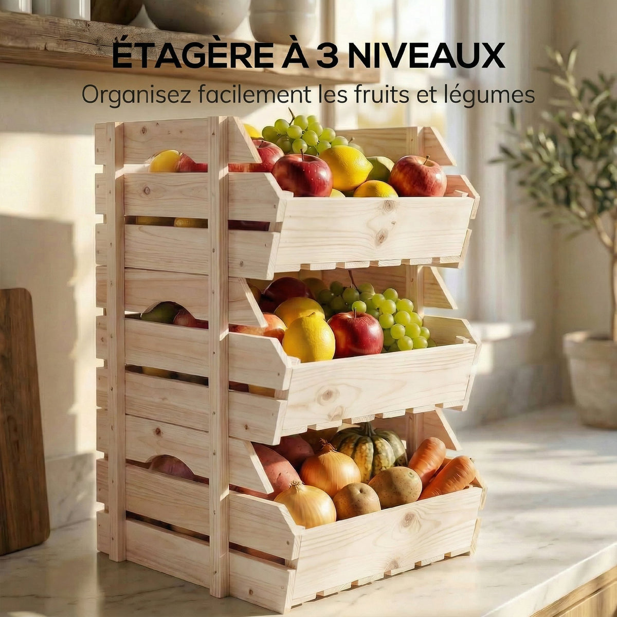 Support de Corbeille à Fruits en Bois de Sapin à 3 Étages Amovibles, pour Fruits et Légumes, 27x37,5x60cm, Naturel