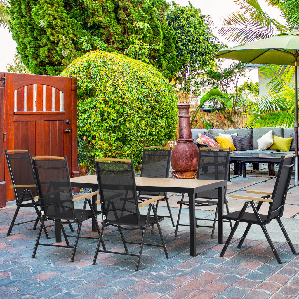 Salon de jardin extérieur 6 personnes, cadre en aluminium, table 190 cm, 6 chaises pliables et inclinables, noir