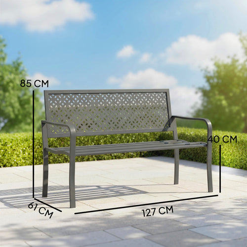 Banc d'extérieur en métal, 2 places, avec dossier géométrique antirouille et accoudoirs, gris foncé
