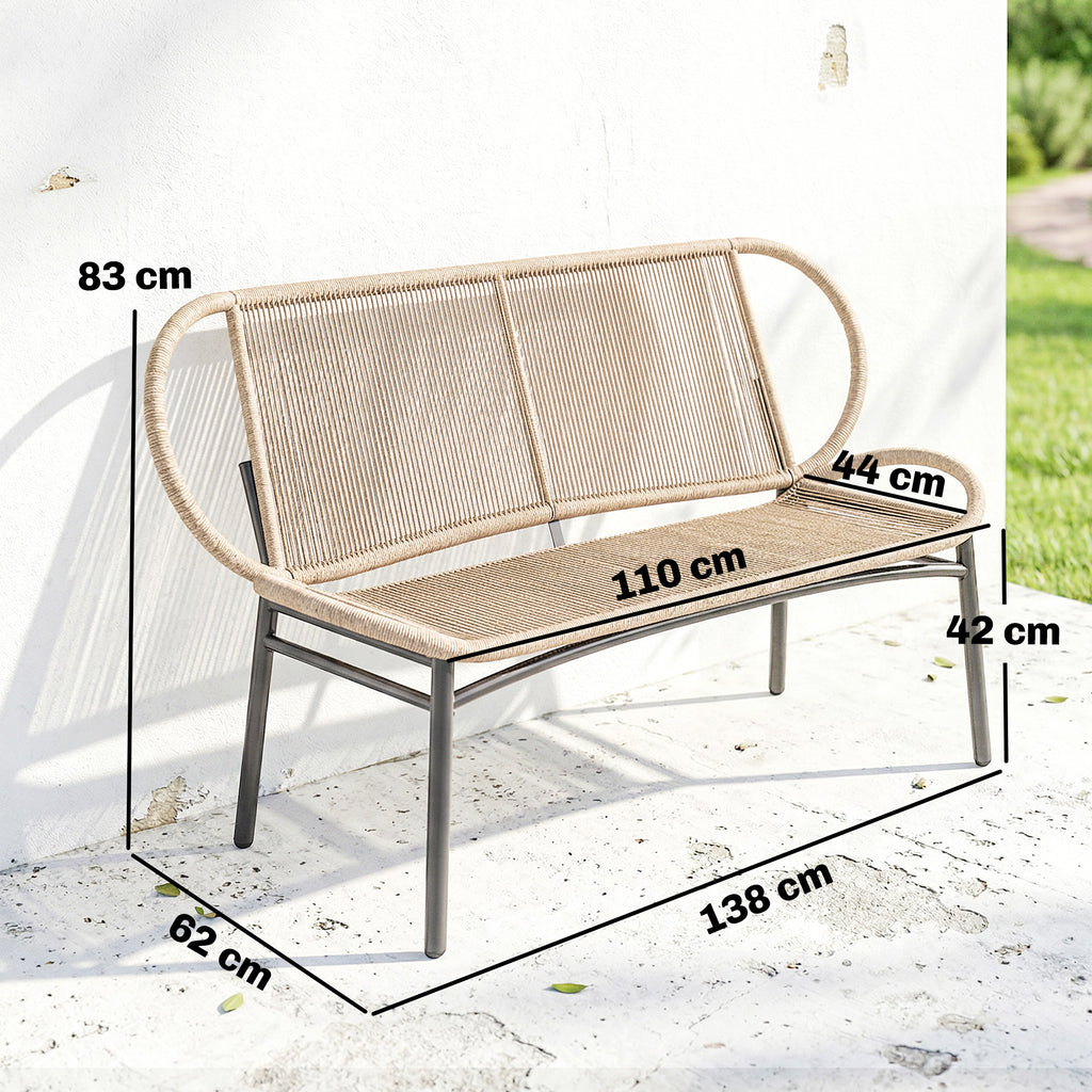 Banc de jardin 2 places, banc d'extérieur en résine tressée avec cadre en métal, résistant aux intempéries, naturel