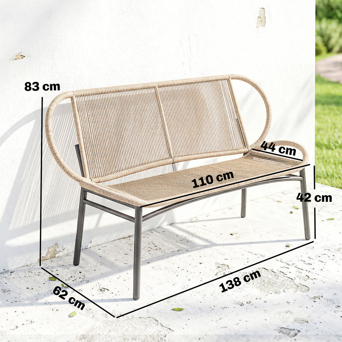 Banc de jardin 2 places, banc d'extérieur en résine tressée avec cadre en métal, résistant aux intempéries, naturel
