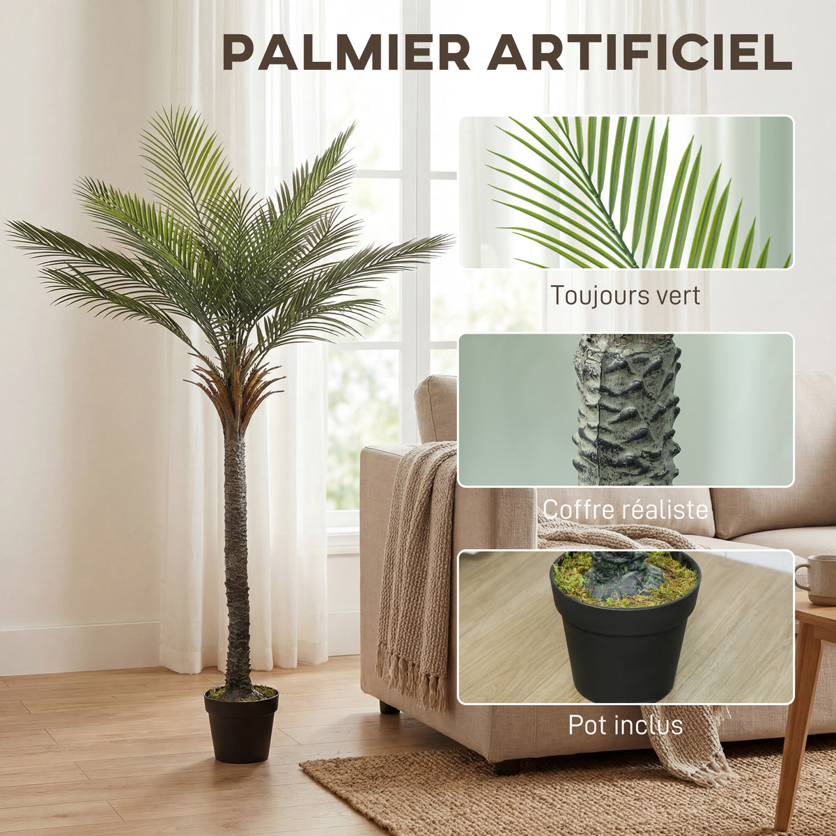 Palmier artificiel 180 cm, plante artificielle tropicale en pot, 15 feuilles réalistes, pour salon, chambre, bureau