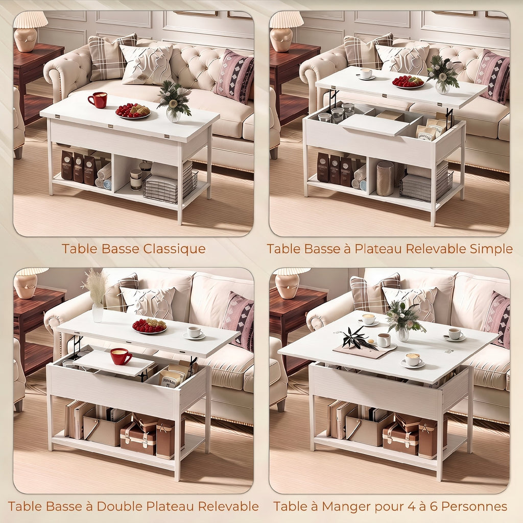 Table basse relevable et extensible, table de salon avec compartiment caché étagères ouvertes, 98x49x55cm, blanc