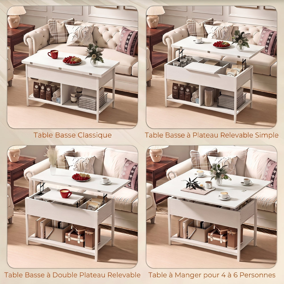 Table basse relevable et extensible, table de salon avec compartiment caché étagères ouvertes, 98x49x55cm, blanc