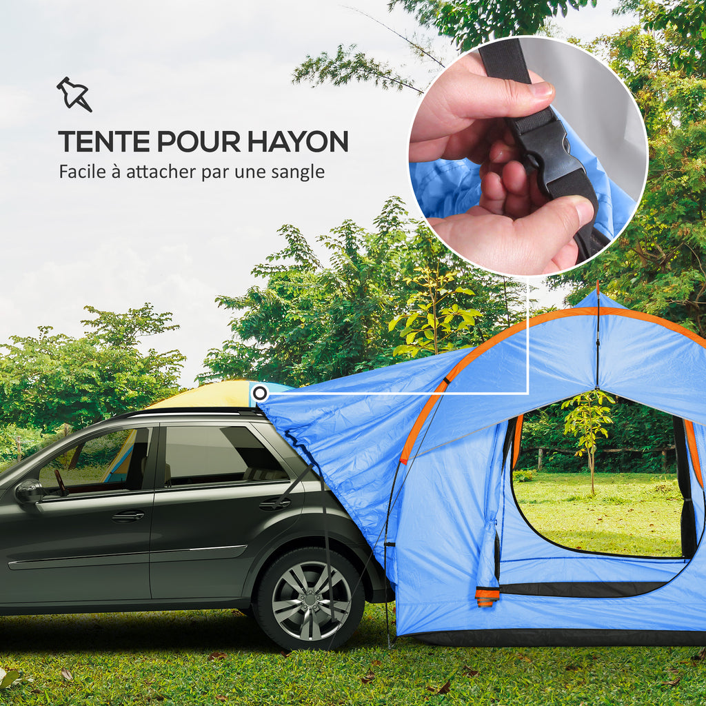 Tente de voiture pour SUV hayon 5-6 personnes avec 3 portes, fenêtre en maille, pour trekking, randonnée, bleu et orange