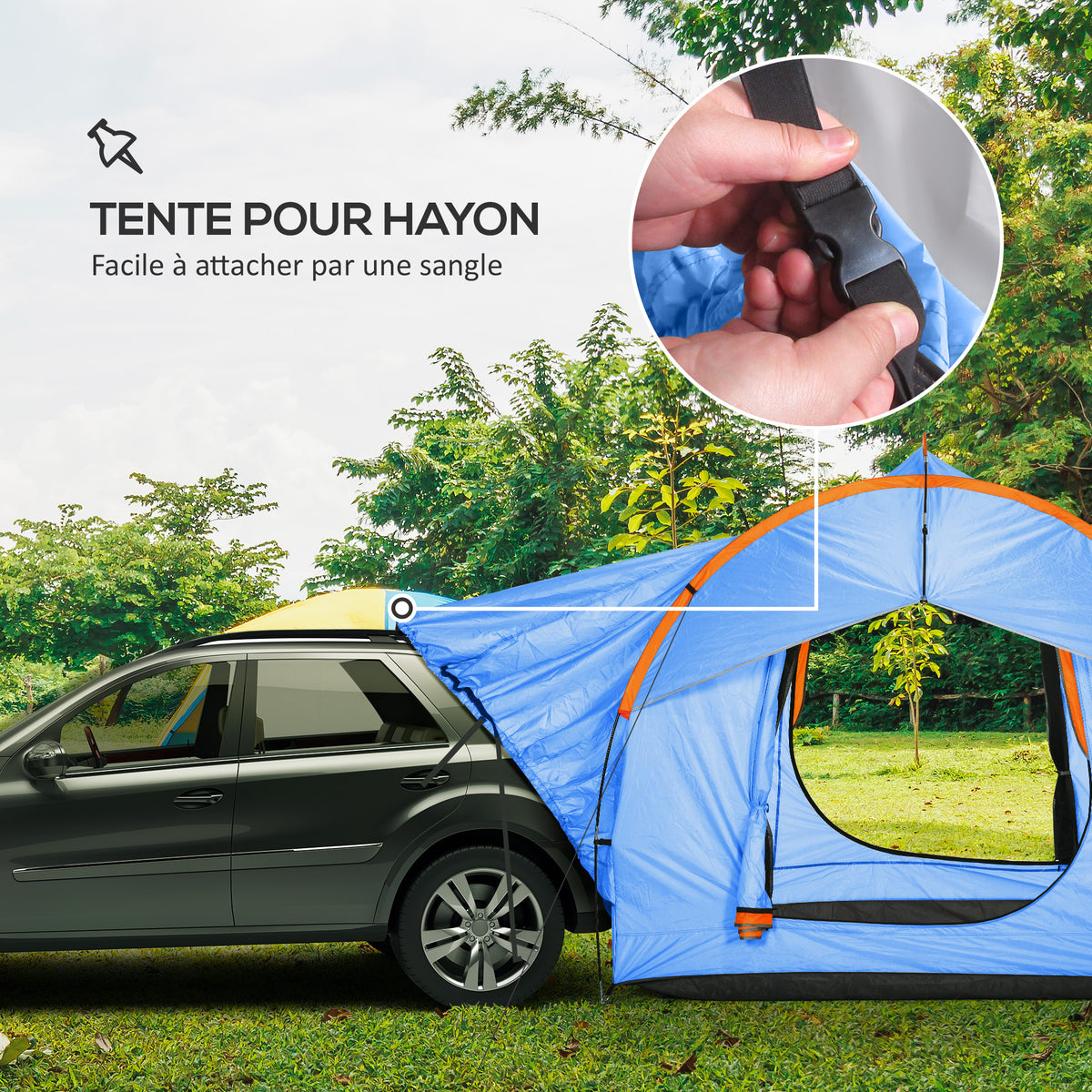 Tente de voiture pour SUV hayon 5-6 personnes avec 3 portes, fenêtre en maille, pour trekking, randonnée, bleu et orange