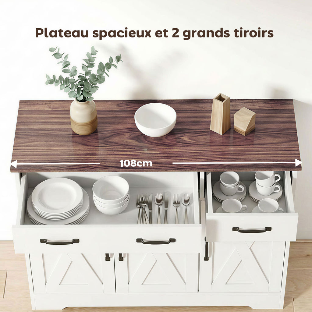 Buffet cuisine, meuble de rangement avec 3 portes de grange, 2 tiroirs et étagères réglables, 108 x 40 x 81 cm, blanc