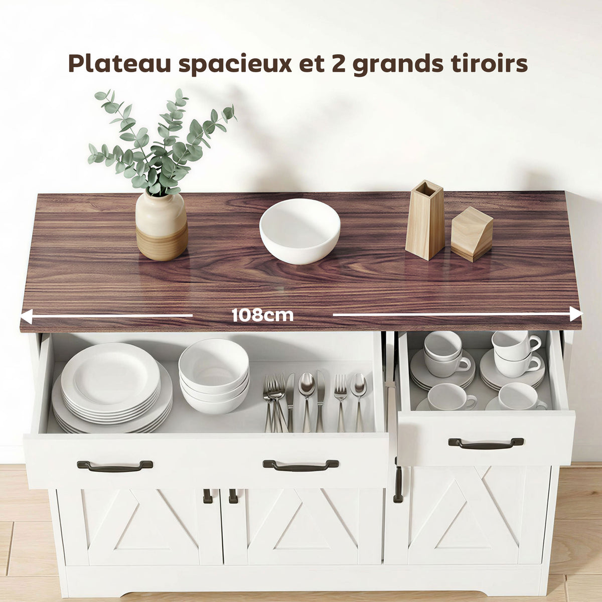 Buffet cuisine, meuble de rangement avec 3 portes de grange, 2 tiroirs et étagères réglables, 108 x 40 x 81 cm, blanc