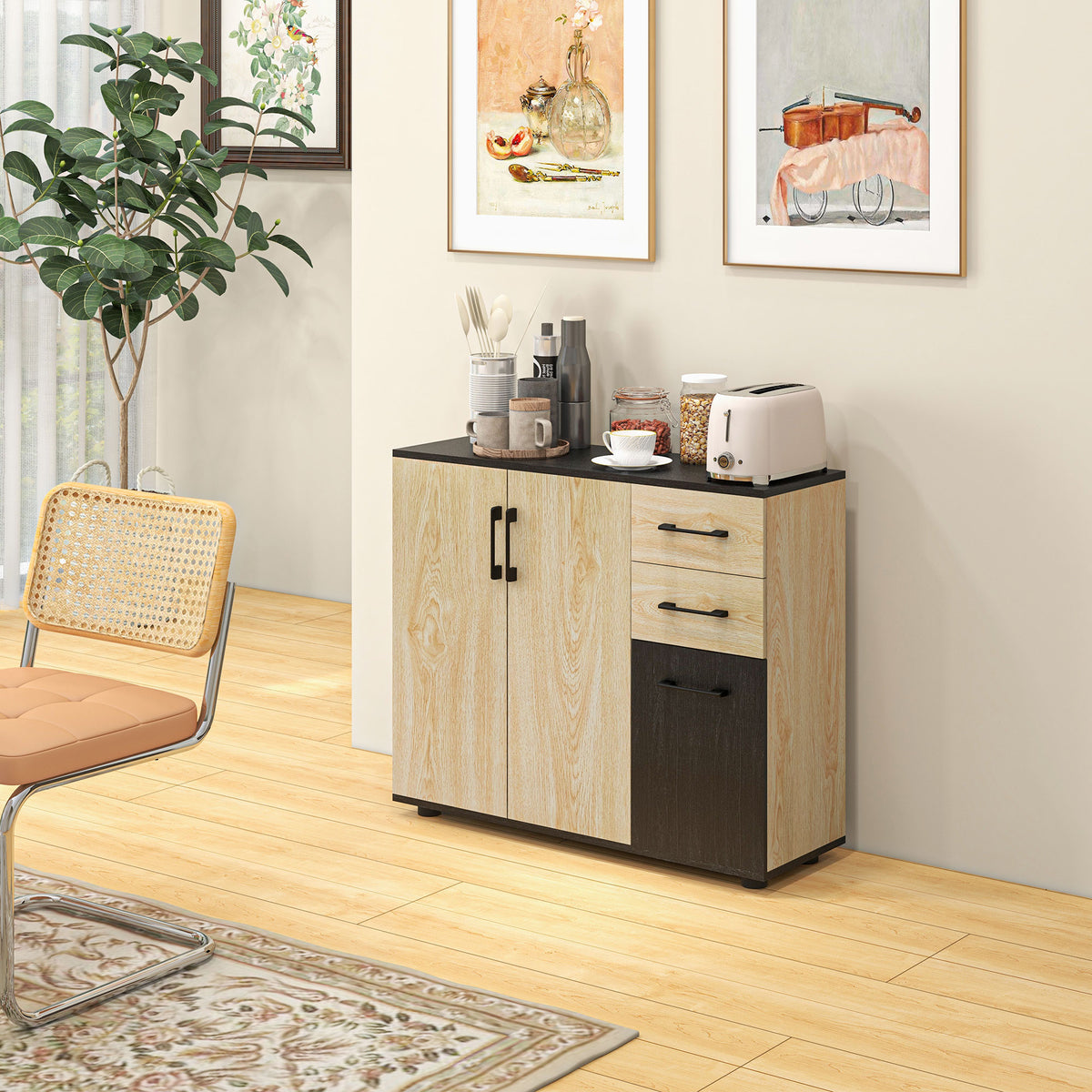 Meuble buffet de rangement cuisine 2 placards étagère réglable 2 tiroirs 90 x 30 x 75,5 cm naturel noir