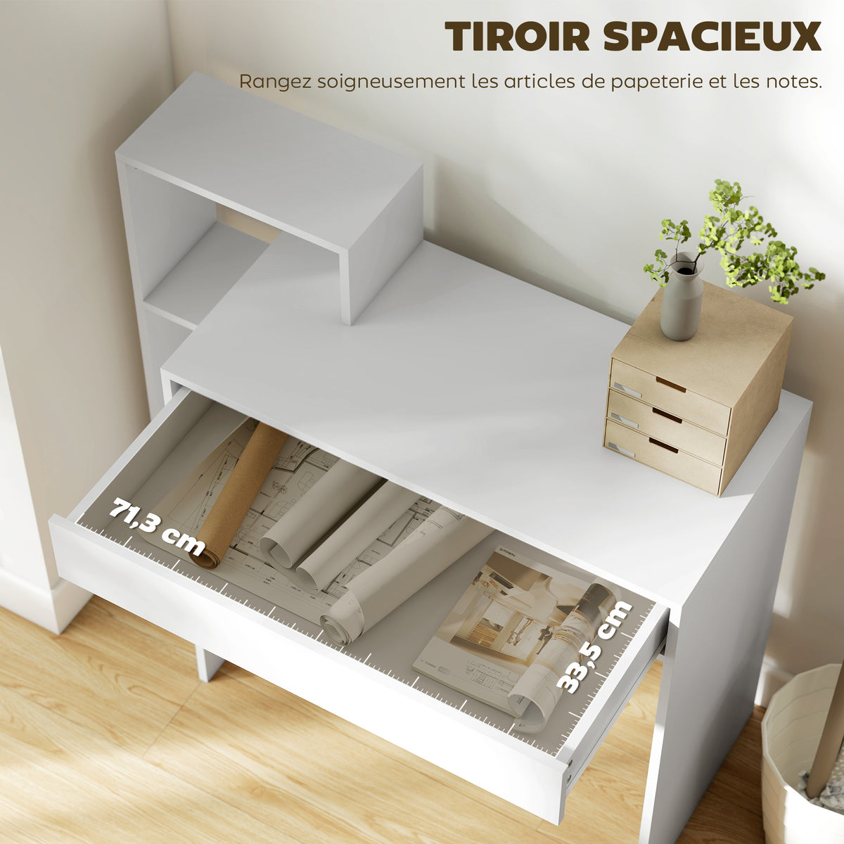 Bureau avec rangement, bureau d'ordinateur avec 3 étagères de rangement et tiroir, 100 x 40 x 90 cm, blanc