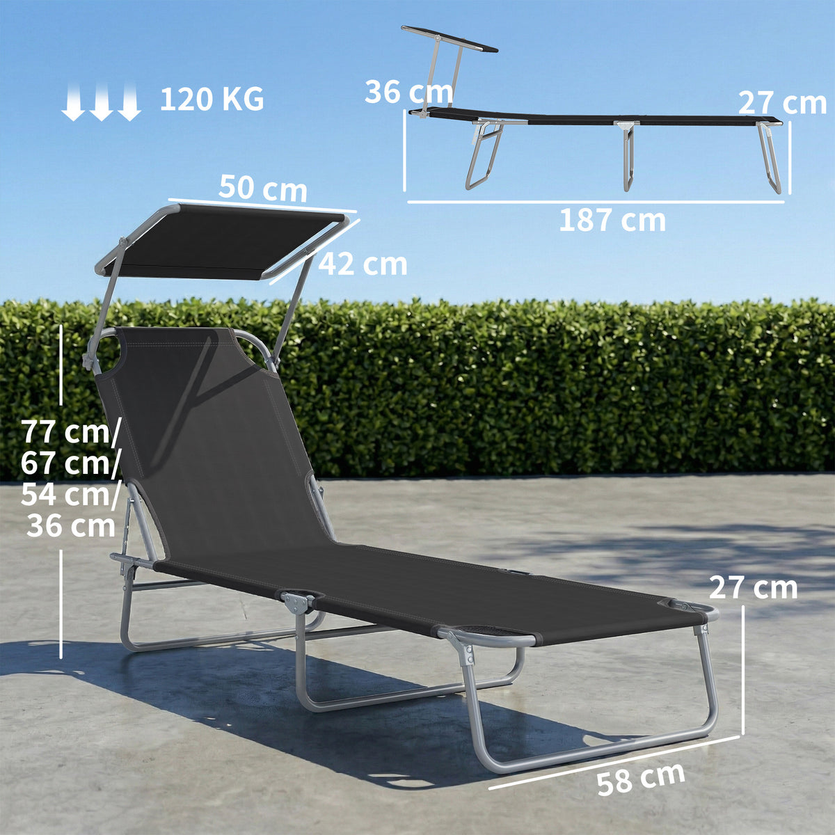 Transat Bain de Soleil Pliable Chaise Longue Pliante Grand Confort Dossier Inclinable Multi-positions et Pare-Soleil réglable Dim. 187L x 58l x 36H cm Noir