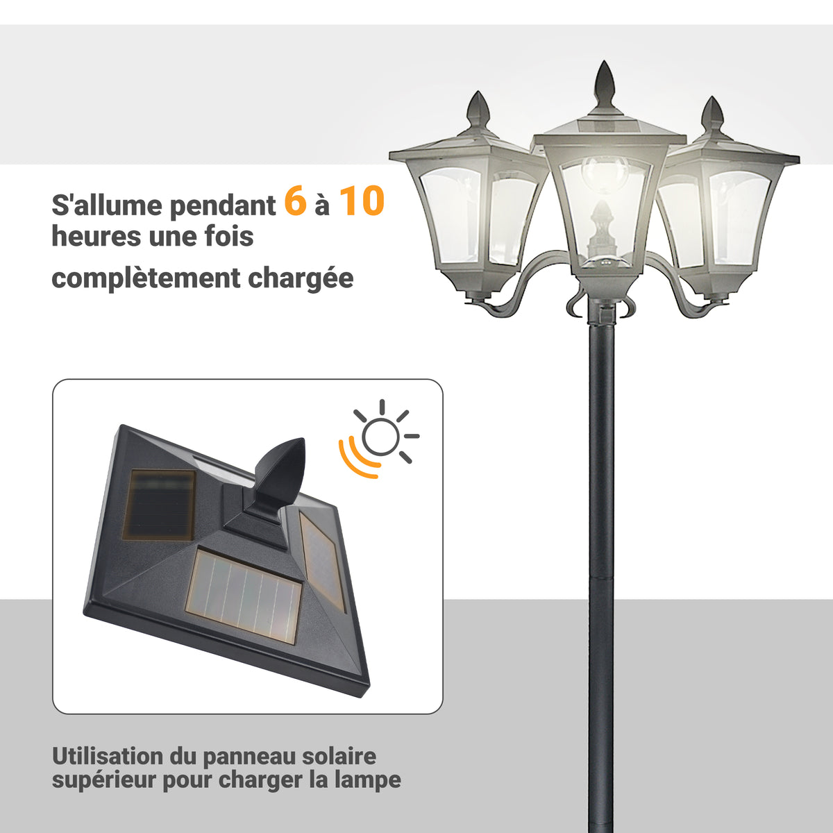 Lampadaire de jardin extérieur à LED solaire avec capteurs 3 abat-jours - H.182.5 cm - IP44