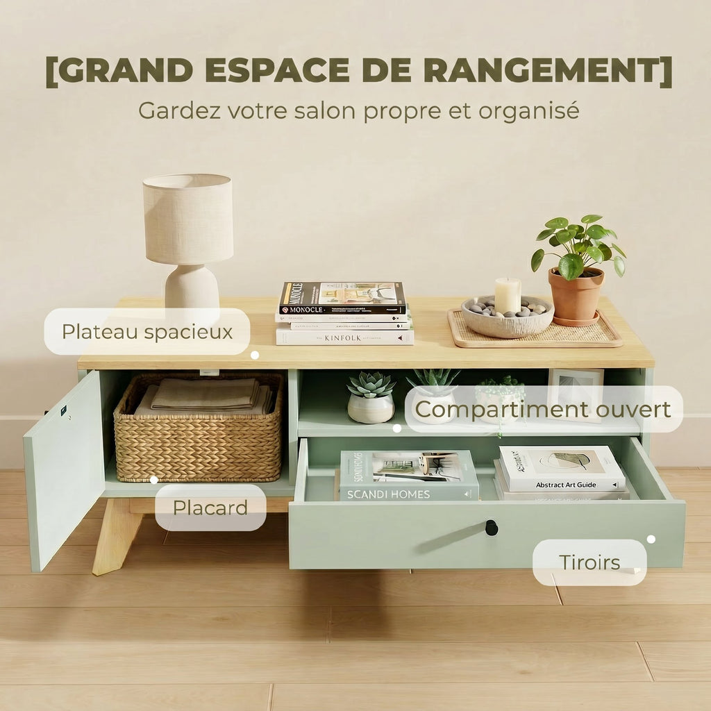 Table basse de salon, table d'appoint rectangulaire avec tiroir, porte et compartiment ouvert, vert clair et chêne