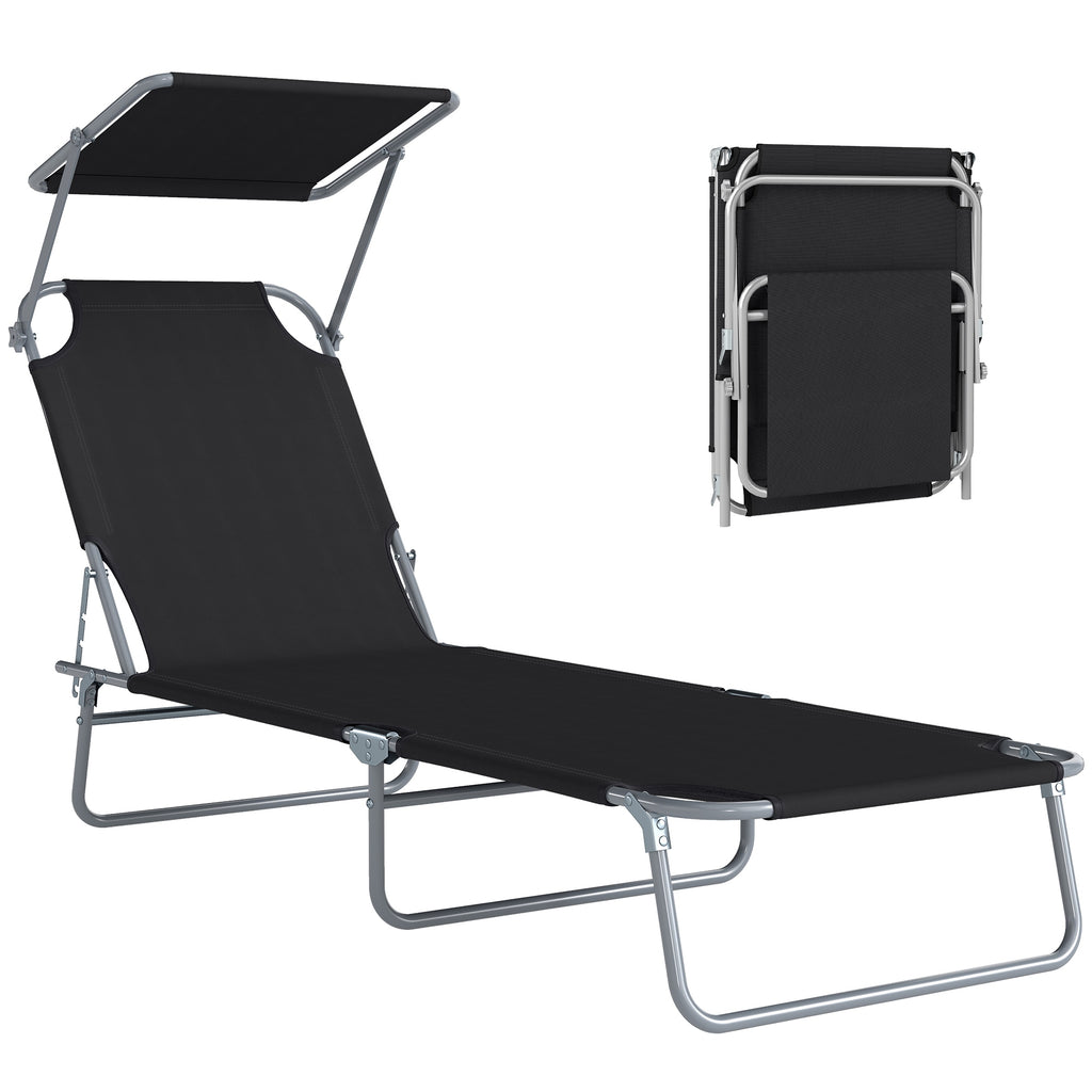 Transat Bain de Soleil Pliable Chaise Longue Pliante Grand Confort Dossier Inclinable Multi-positions et Pare-Soleil réglable Dim. 187L x 58l x 36H cm Noir