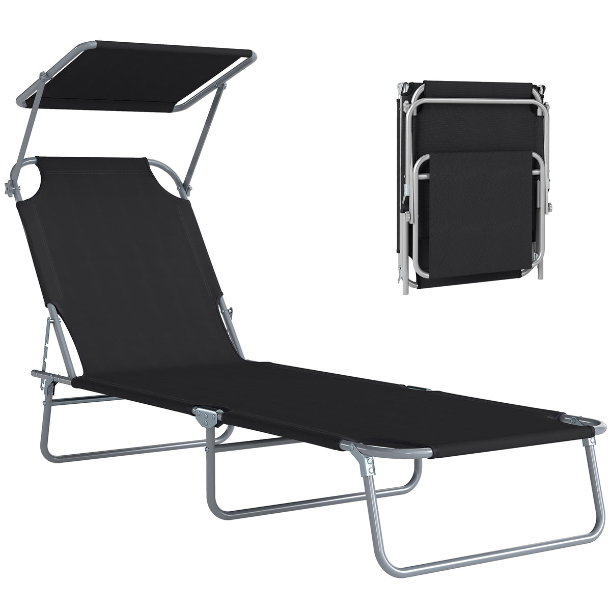 Transat Bain de Soleil Pliable Chaise Longue Pliante Grand Confort Dossier Inclinable Multi-positions et Pare-Soleil réglable Dim. 187L x 58l x 36H cm Noir