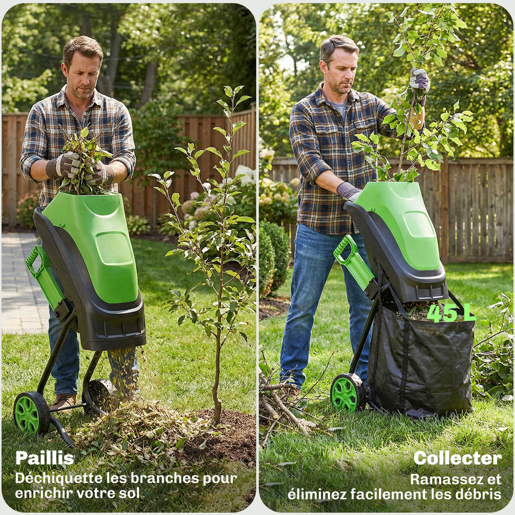 Broyeur de Végétaux Électrique 2500 W, Broyeur de Branches avec Sac de Collecte 45L, 4300 tr/min, 44x34x96cm, Vert