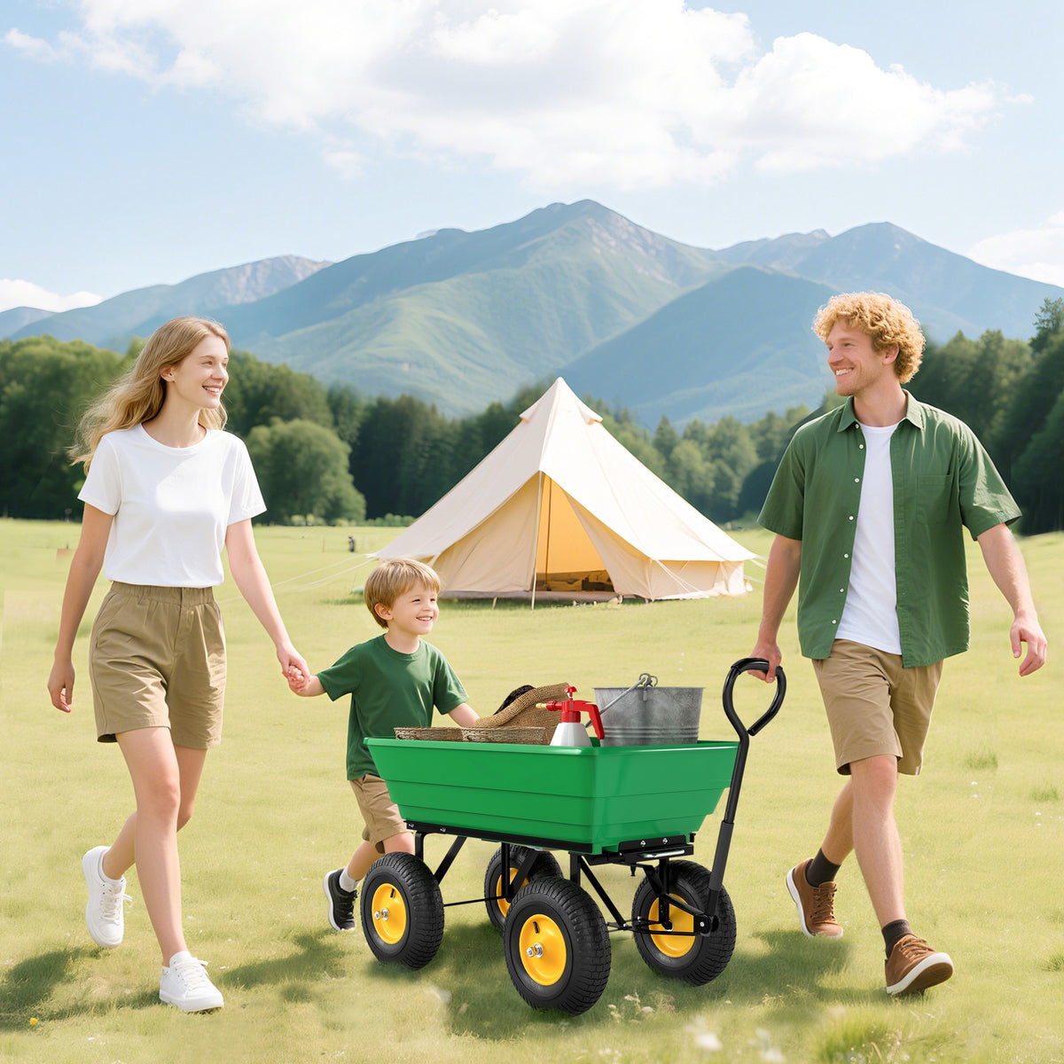 Chariot de Jardin à Main Benne basculante 75° 75L Charge Max. 200 Kg 4 Roues pneumatiques Acier PP Jaune Vert