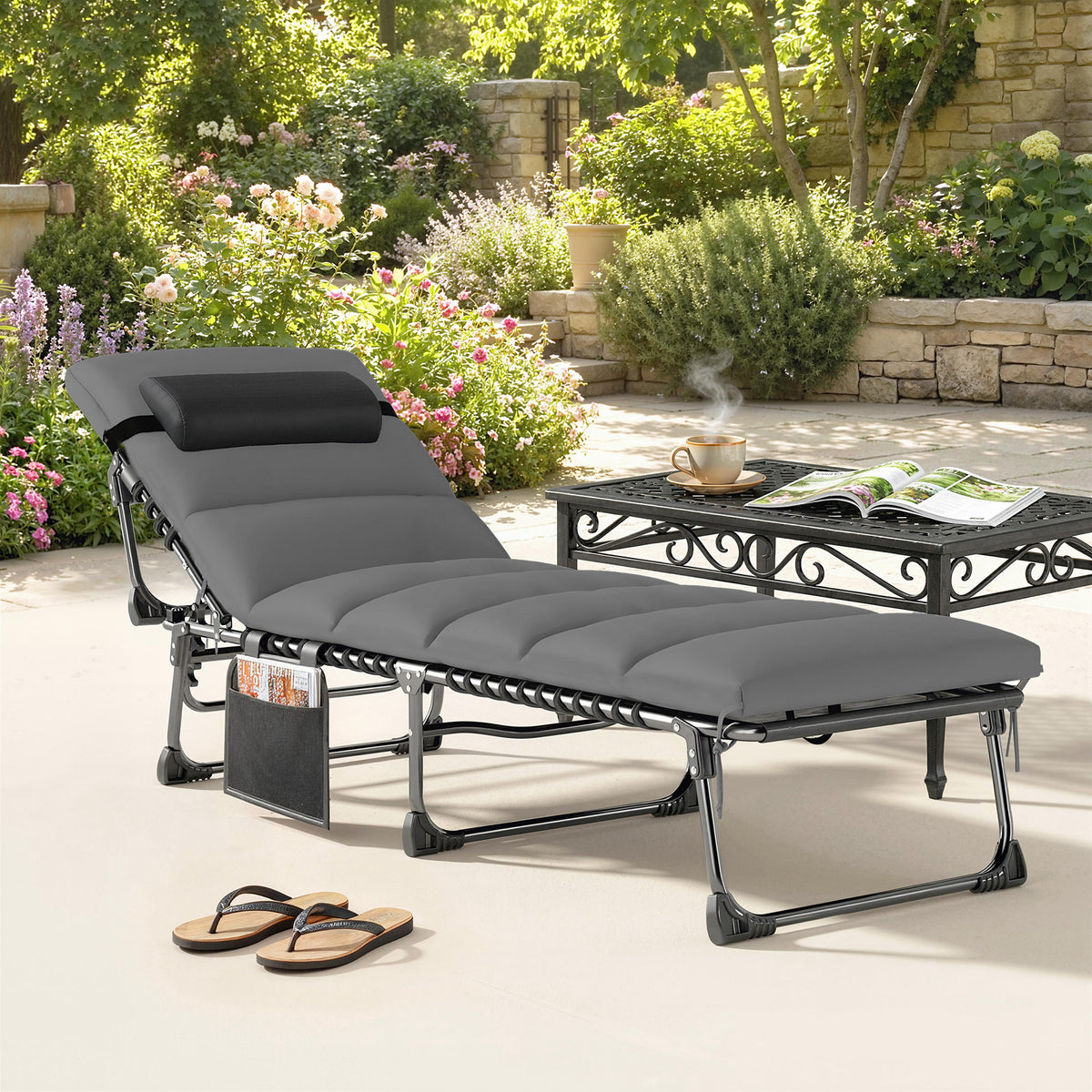 Chaise longue jardin extérieur, Bain de soleil Pliable, dossier inclinable sur 5 positions, 200 x 57 x 38 cm, gris Foncé