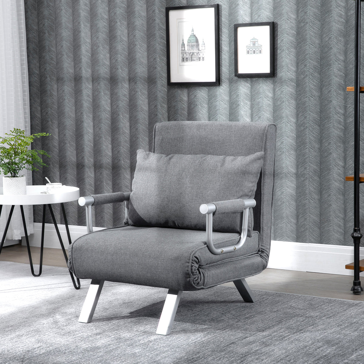 Fauteuil chauffeuse canapé-lit Convertible 1 Place déhoussable Grand Confort Coussin Pieds accoudoirs métal Lin Gris Clair