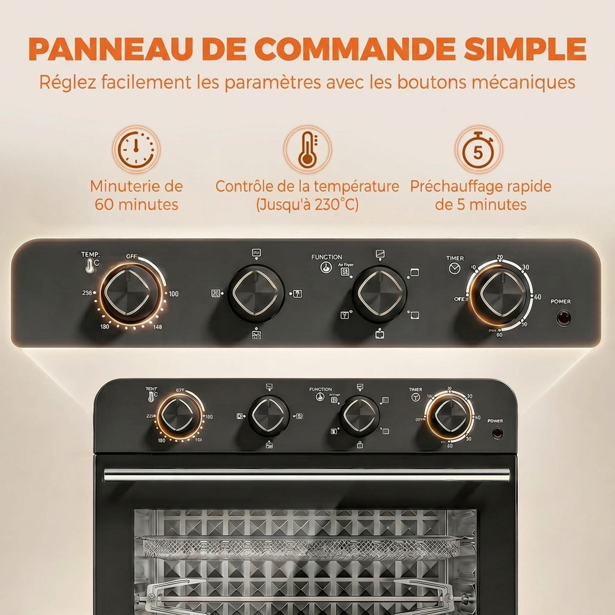 Friteuse à Air Chaud 36L, Four à Air Chaud 1800 W avec Rôtissoire, Plaque de Cuisson, Panier de Friture et Grille, Noir