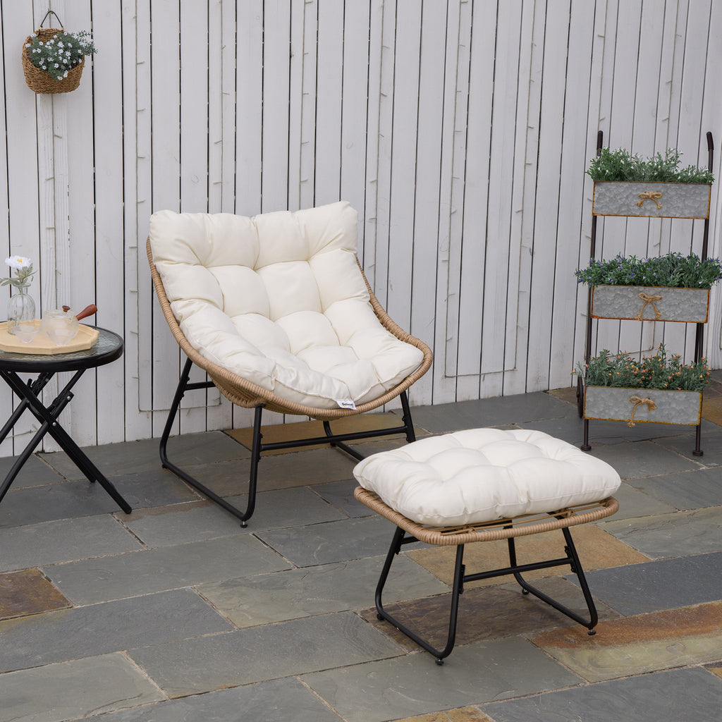 Fauteuil chaise de jardin avec repose-pieds en métal époxy et résine tressée aspect rotin avec coussins