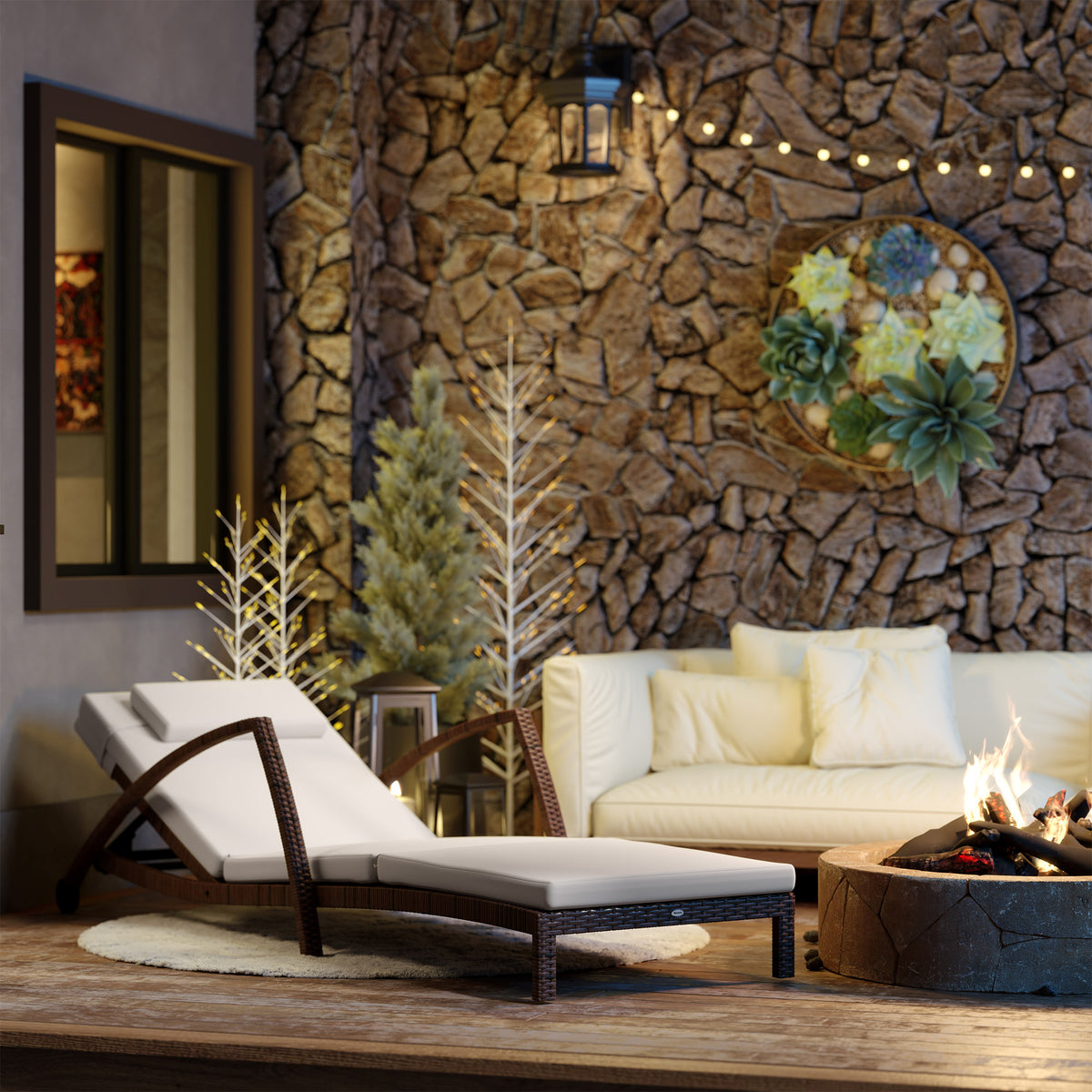 Bain de soleil, chaise longue en résine tressée avec dossier réglable, roulettes, coussin et accoudoirs, marron et beige