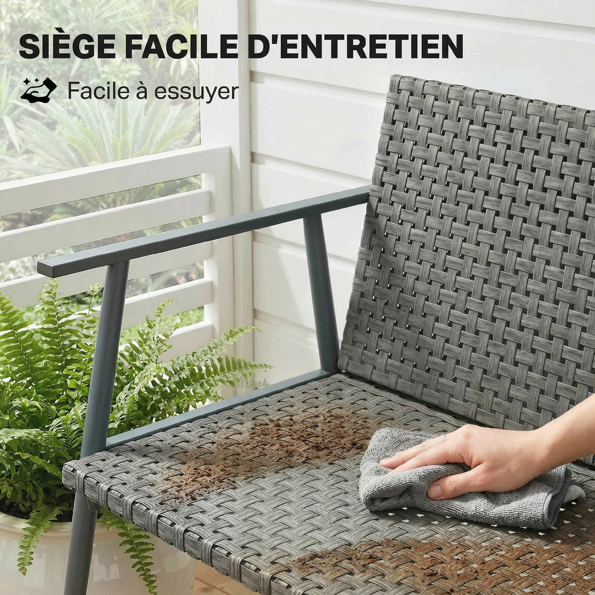 Banc de Jardin 2 places en Résine Tressée et Acier, avec Accoudoirs, Dossiers et Pieds Réglables, 110x58x78cm, Gris