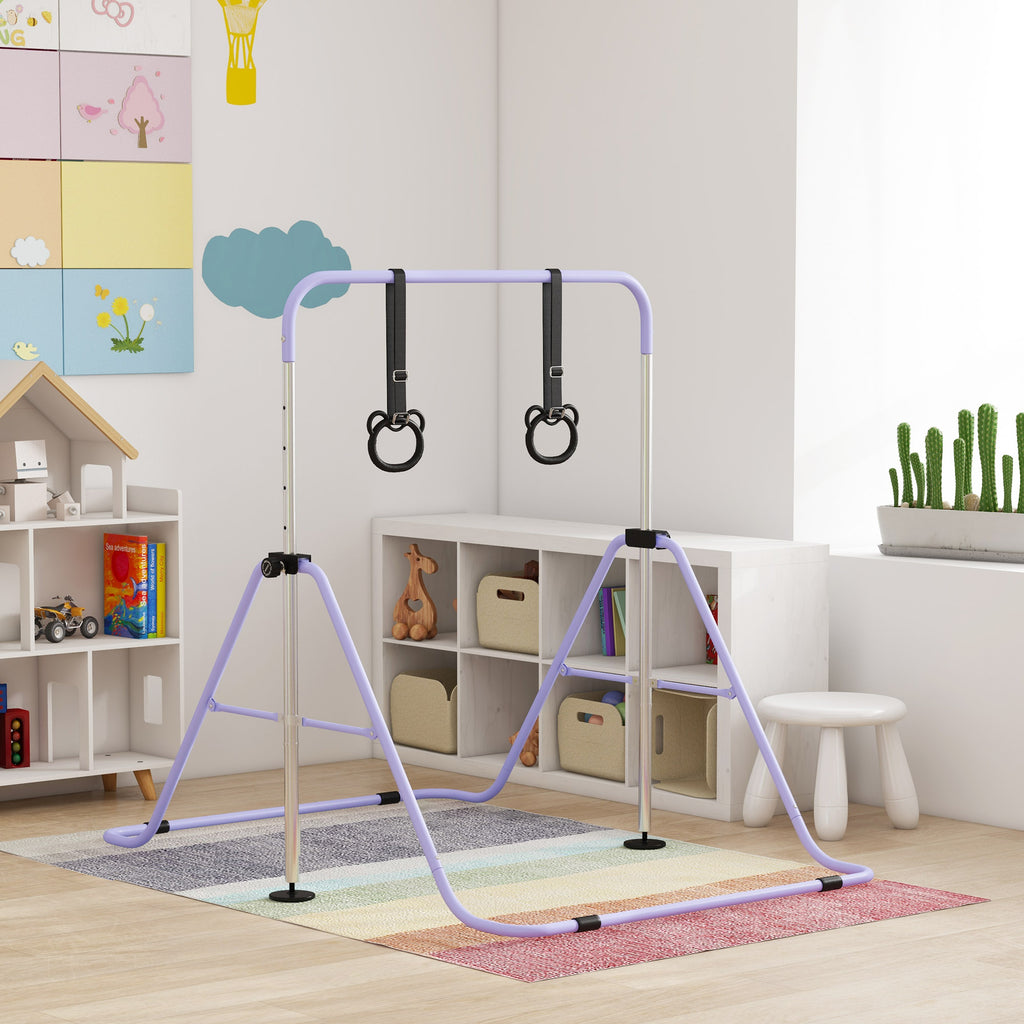 Barre de gymnastique pour enfants, barre horizontale pliable à hauteur réglable avec anneaux de gymnastique, violet