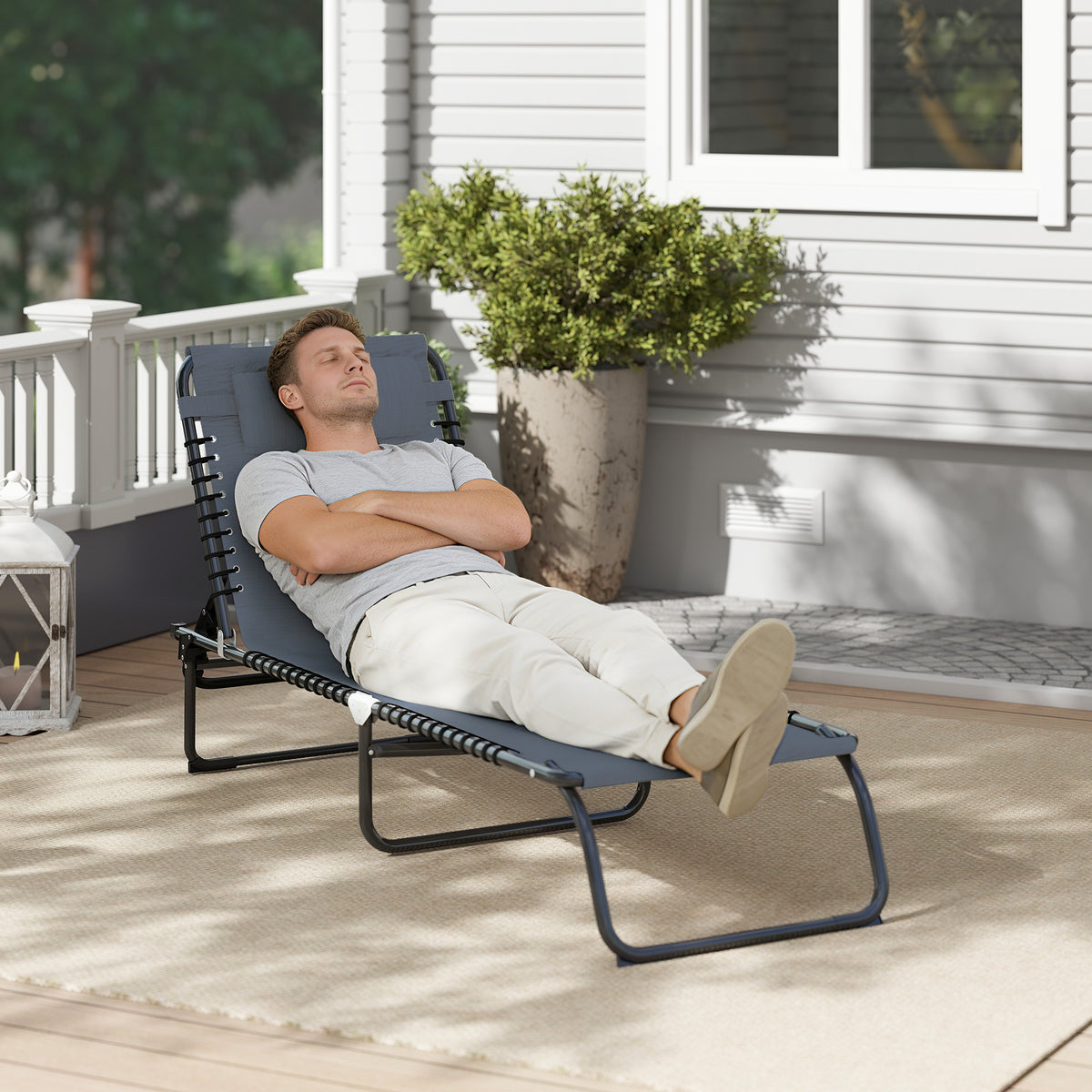 Bain de Soleil transat Pliable Dossier inclinable Multi-Positions Acier thermoplastique Lacets élastiques Noir