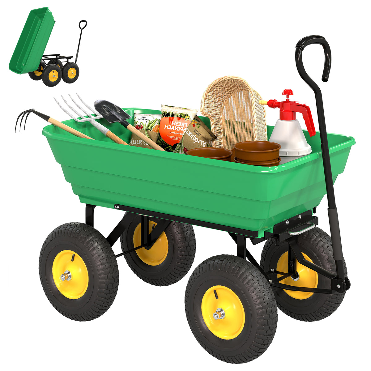 Chariot de Jardin à Main Benne basculante 75° 75L Charge Max. 200 Kg 4 Roues pneumatiques Acier PP Jaune Vert