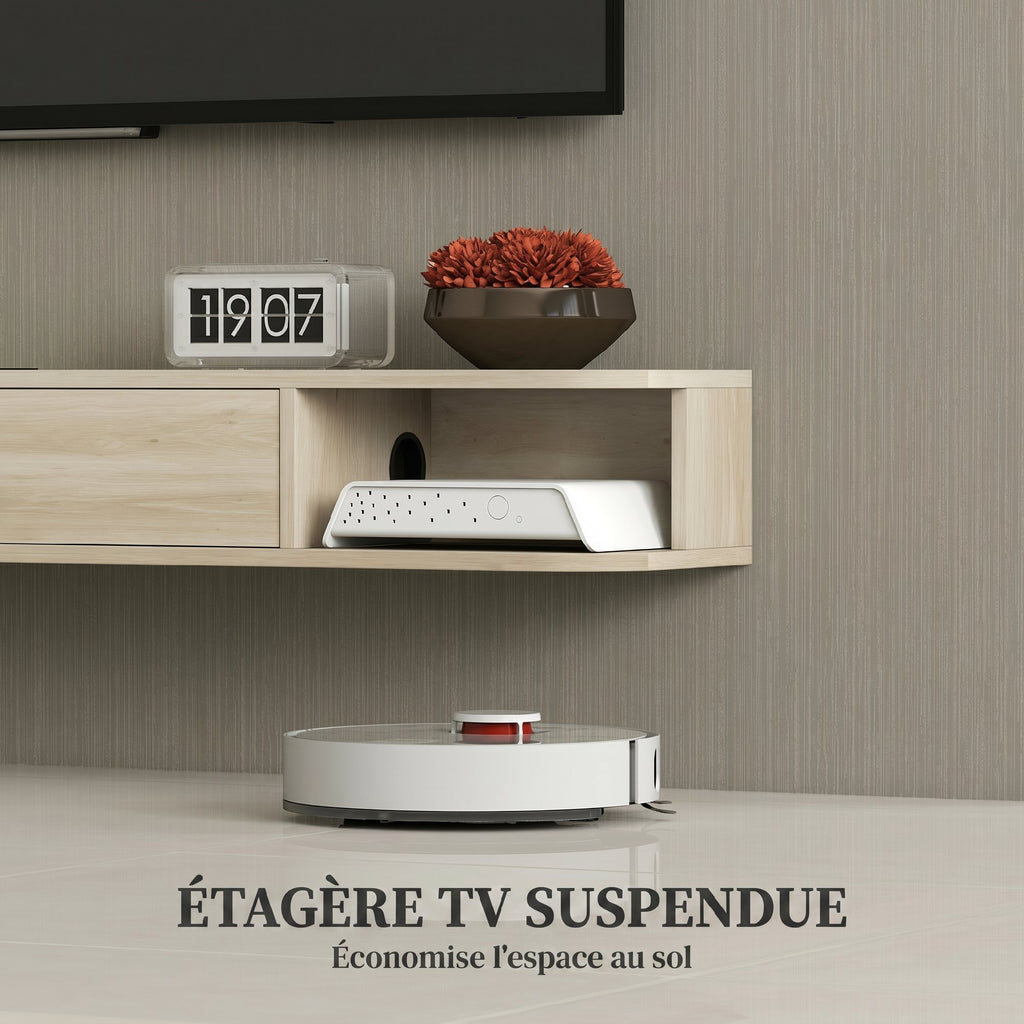 Meuble TV suspendu, meuble télé pour téléviseur jusqu'à 60 pouces, tiroir rabattable 2 étagères 140x24x16cm bois naturel
