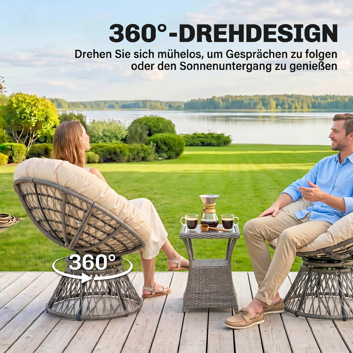 Fauteuil rond de jardin fauteuil papasan pivotant Ø 97 x 90H cm grand coussin fourni polyester résine tressée