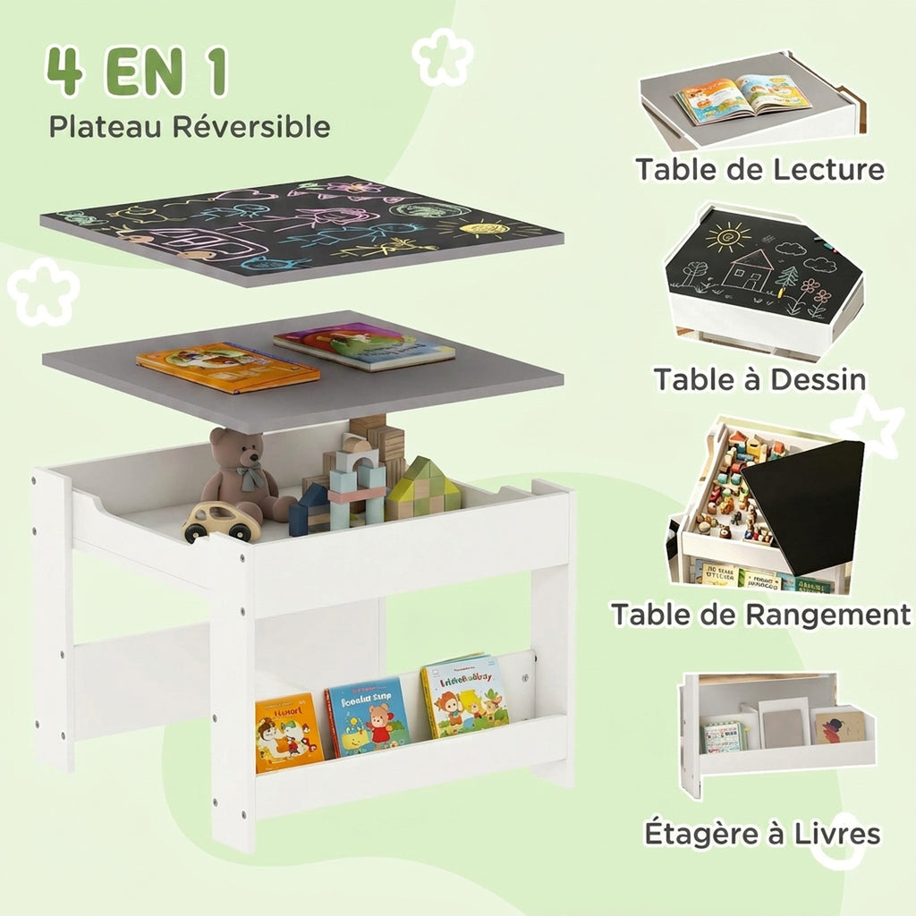 Ensemble 3 pièces table et 2 chaises pour enfant avec plateau réversible tableau noir, panier de rangement, étagères