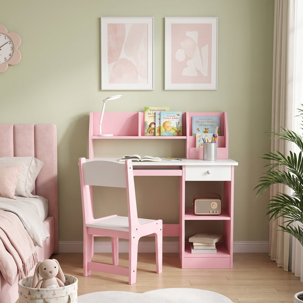 Bureau enfant avec chaise ergonomique avec clavier coulissant tiroir niches et étagères ouvertes 90 x 45 x 90 cm rose