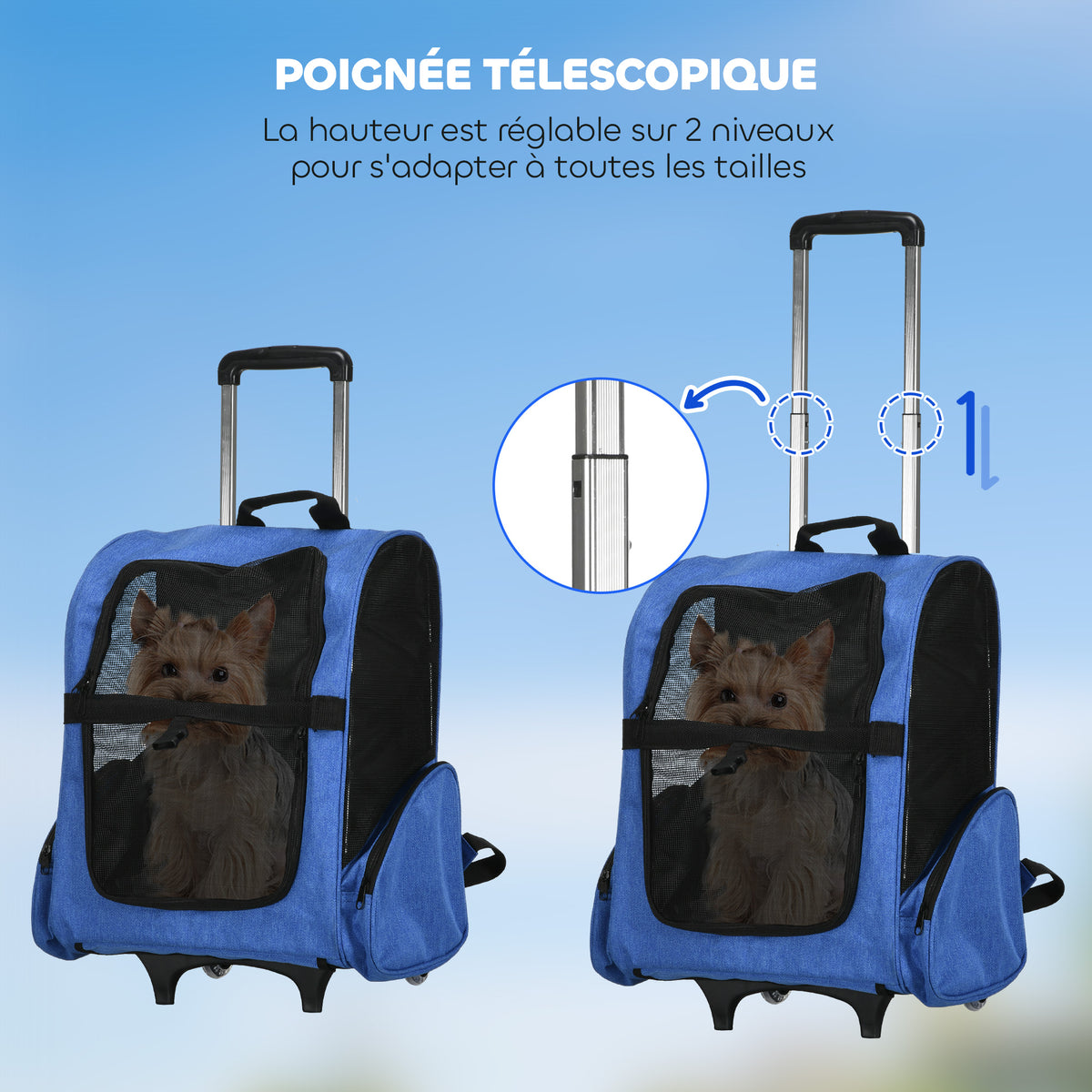 Sac de transport à roulettes pour chien 2 en 1 trolley chariot sac à dos pour chien chat avec poignée téléscopique, sacs de rangement, aérations, attache de sécurité, 42 x 25 x 55 cm, bleu