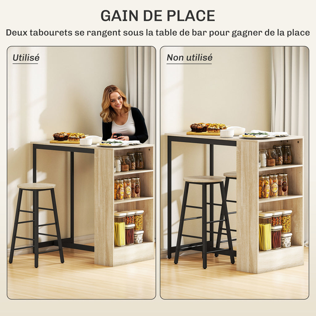 Ensemble table de bar avec tabourets, compartiments ouverts, étagère réglable et repose-pieds, chêne et noir