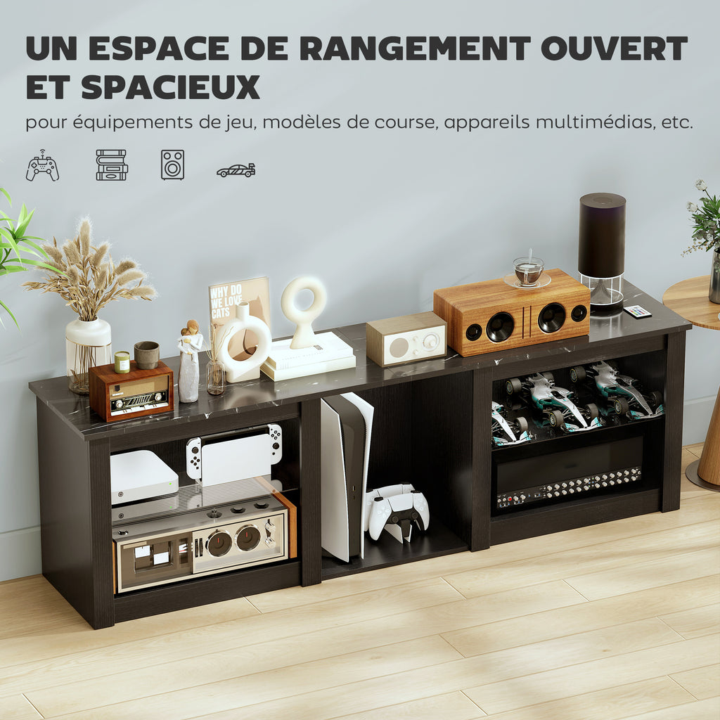 Meuble TV avec éclairage LED pour télévision jusqu'à 70 pouces, 160cm avec étagères en verre réglables, noir