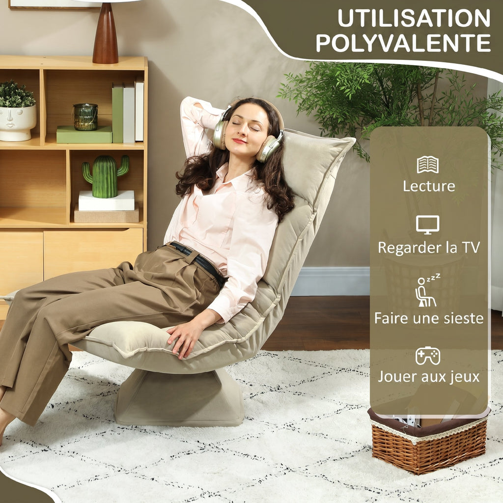 Chaise de sol pivotante à 360°, fauteuil pliable en velours avec dossier réglable 5 positions, 70x62x95cm, beige
