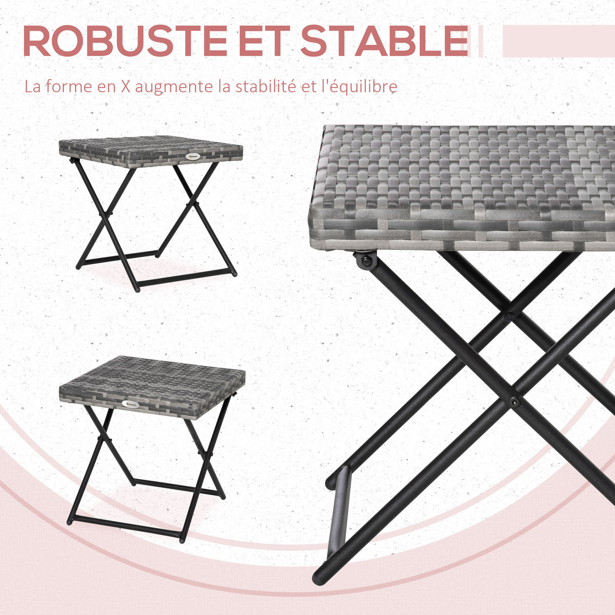 Table basse pliable de jardin style cosy chic dim. 40L x 40l x 40H cm métal époxy résine tressée imitation rotin gris