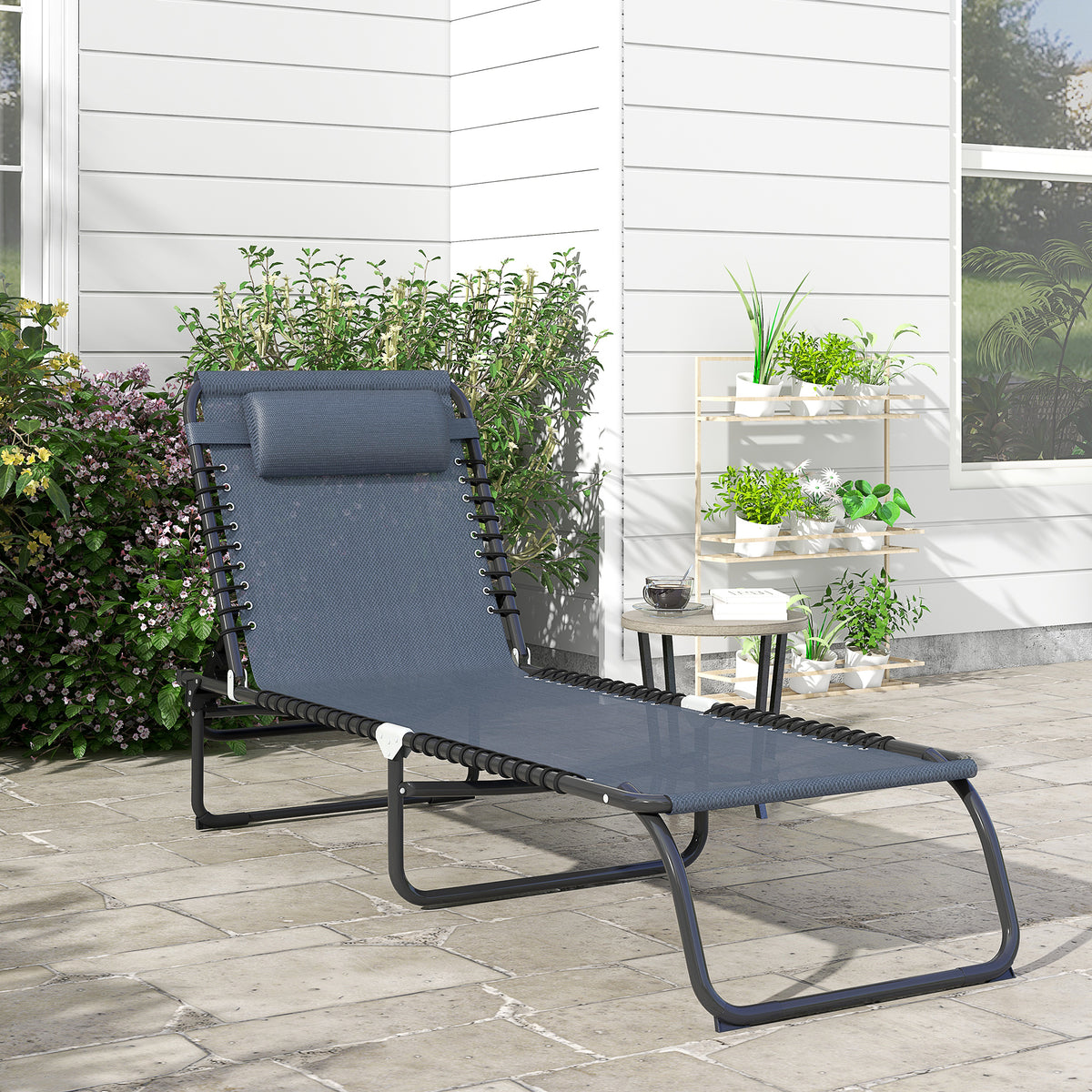 Bain de Soleil transat Pliable Dossier inclinable Multi-Positions Acier thermoplastique Lacets élastiques Noir