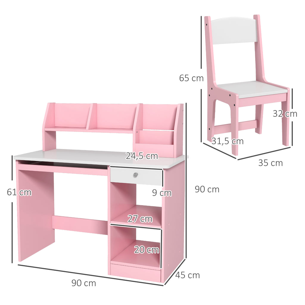 Bureau enfant avec chaise ergonomique avec clavier coulissant tiroir niches et étagères ouvertes 90 x 45 x 90 cm rose