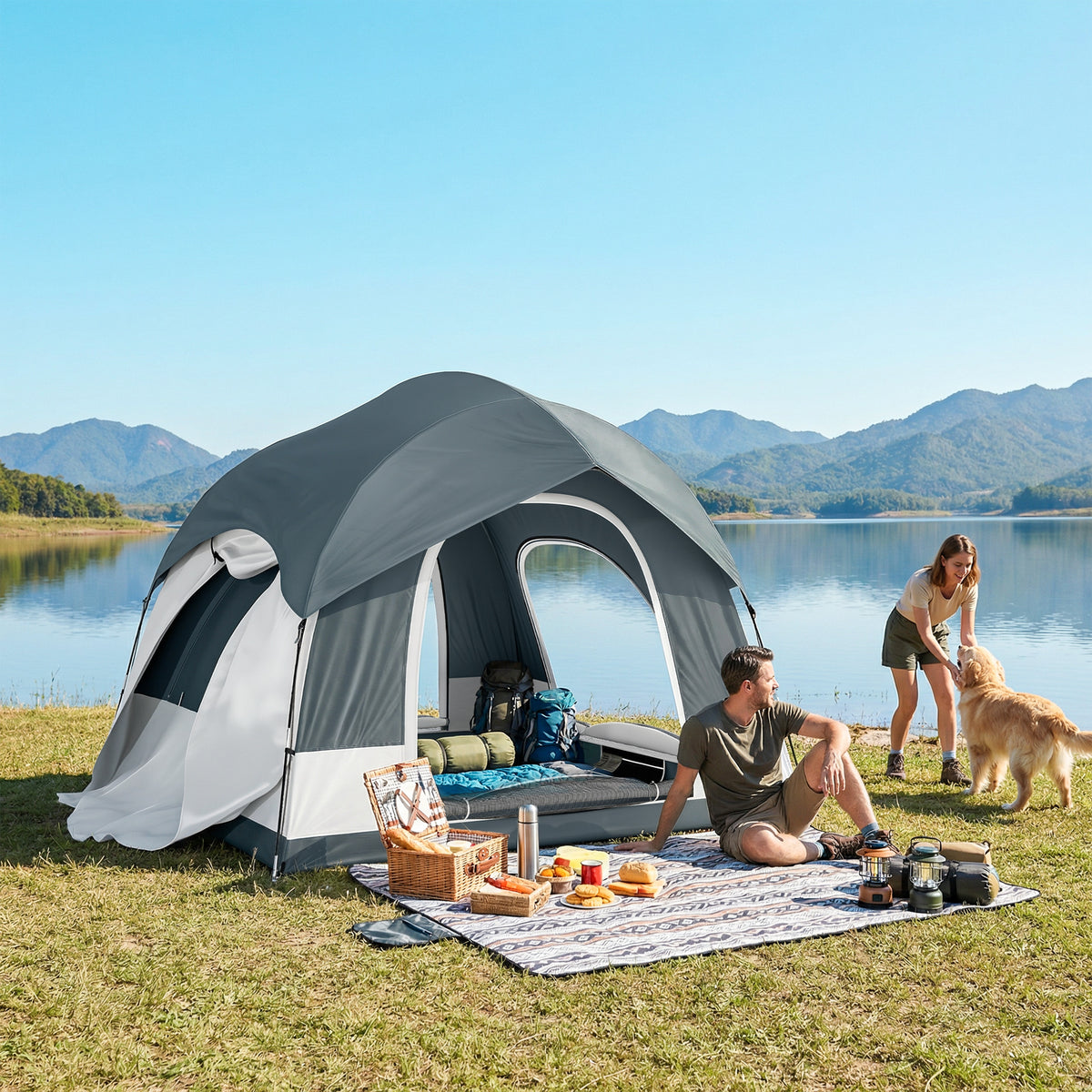 Tente de Camping Facile à Monter 2-4 Personnes avec 3 Portes, Imperméable, Compatible avec SUV, Bleu Foncé