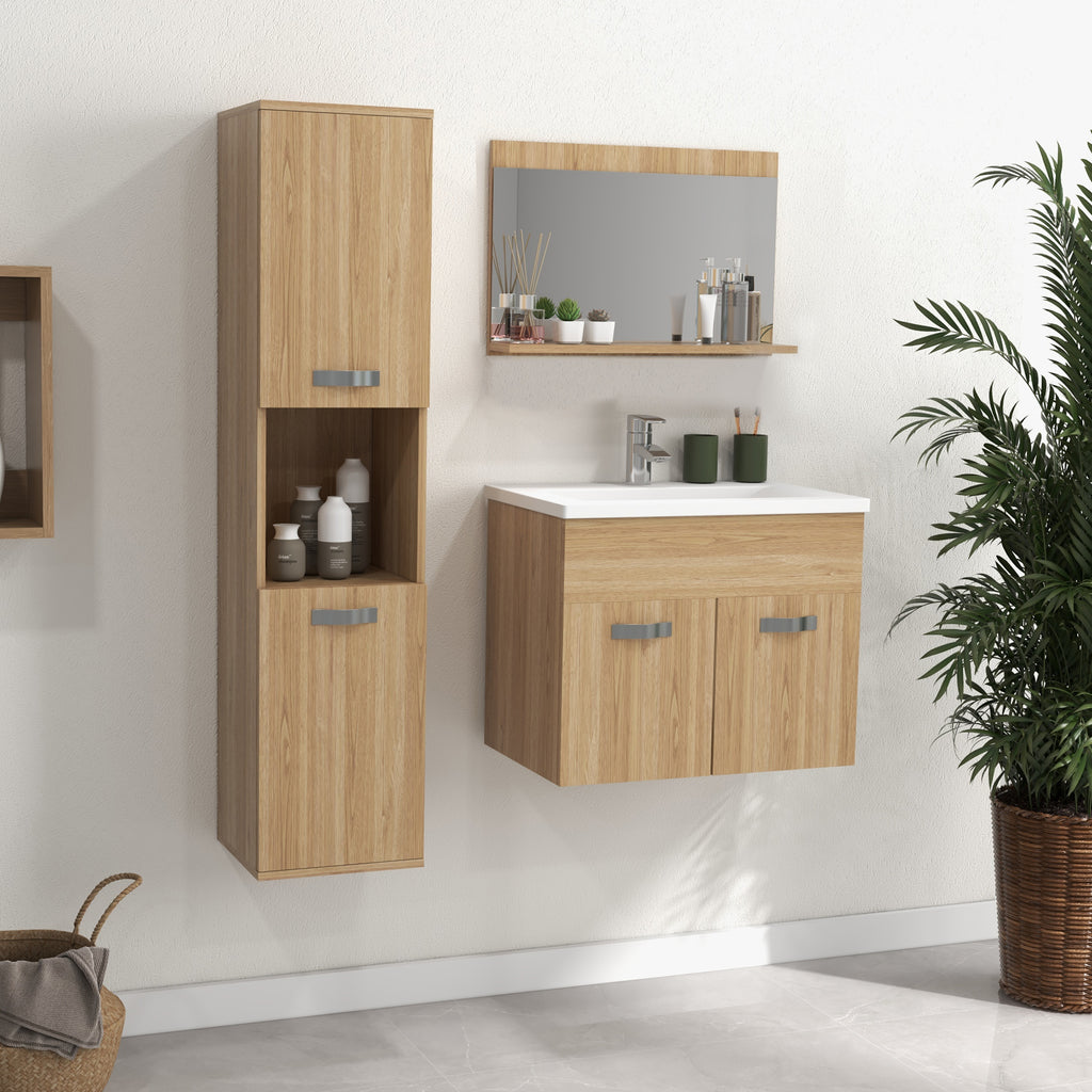 Ensemble de Meubles de Salle de Bain 4 Pièces, Mural, avec Miroir, Meuble sous Vasque, Lavabo et Armoire Haute, Naturel