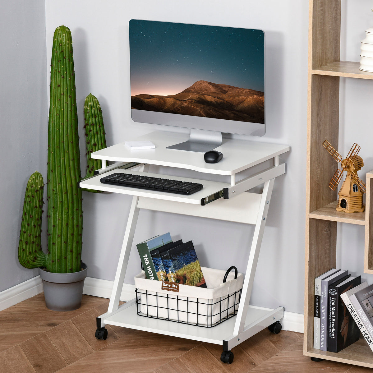 Bureau Informatique Roulant - Bureau Mobile - Table d'ordinateur - Tablette coulissante Clavier + étagère - Blanc