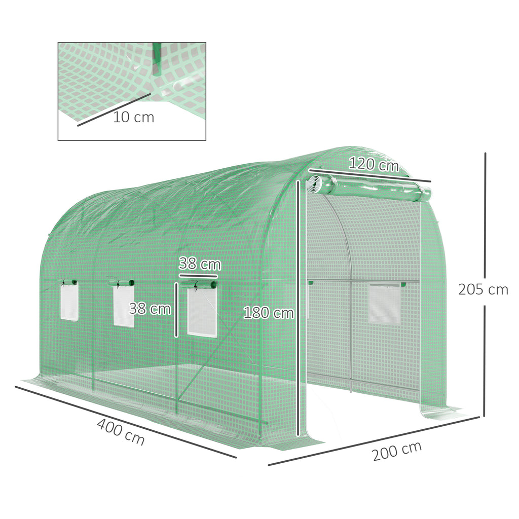 Serre de Jardin Tunnel Surface Sol 8 m² 4L x 2l x 2,05H m châssis Tubulaire Porte zippée 6 fenêtres enroulables vert