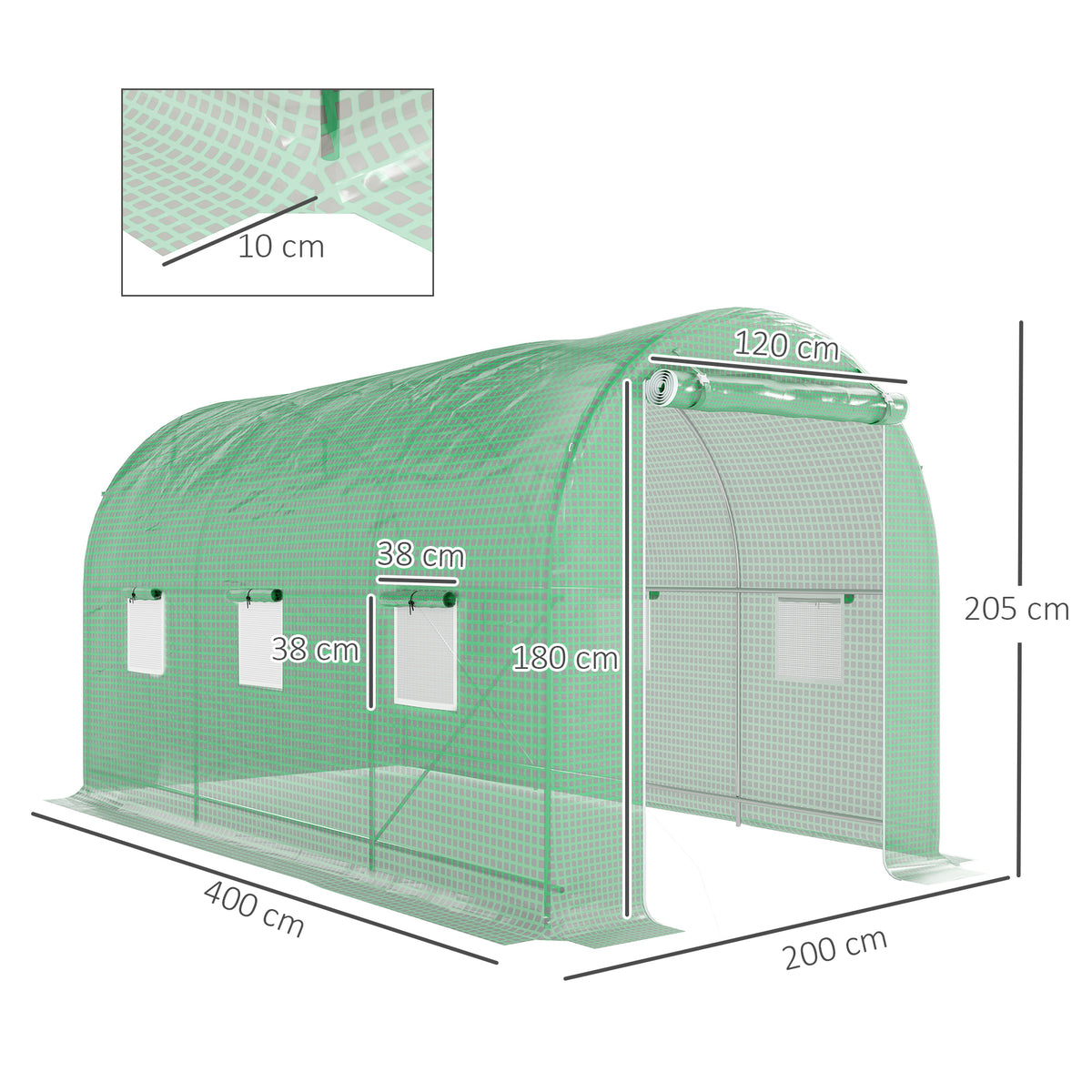 Serre de Jardin Tunnel Surface Sol 8 m² 4L x 2l x 2,05H m châssis Tubulaire Porte zippée 6 fenêtres enroulables vert