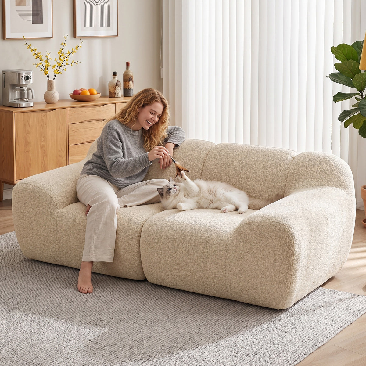 Canapé 2 Places en Chenille, Canapé de Salon 174cm, Assise et Accoudoirs Larges Rembourrés, Entièrement Compressé, Beige